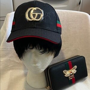 Black Fashion Cap and Wallet with Gold and Red Accents
